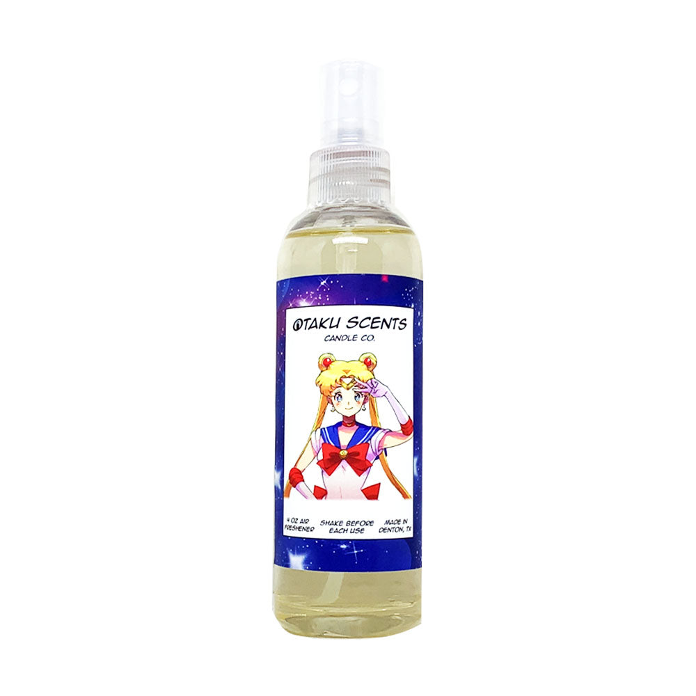 Otaku Scents branded clear room spray bottle, with Sailor Moon on the label
