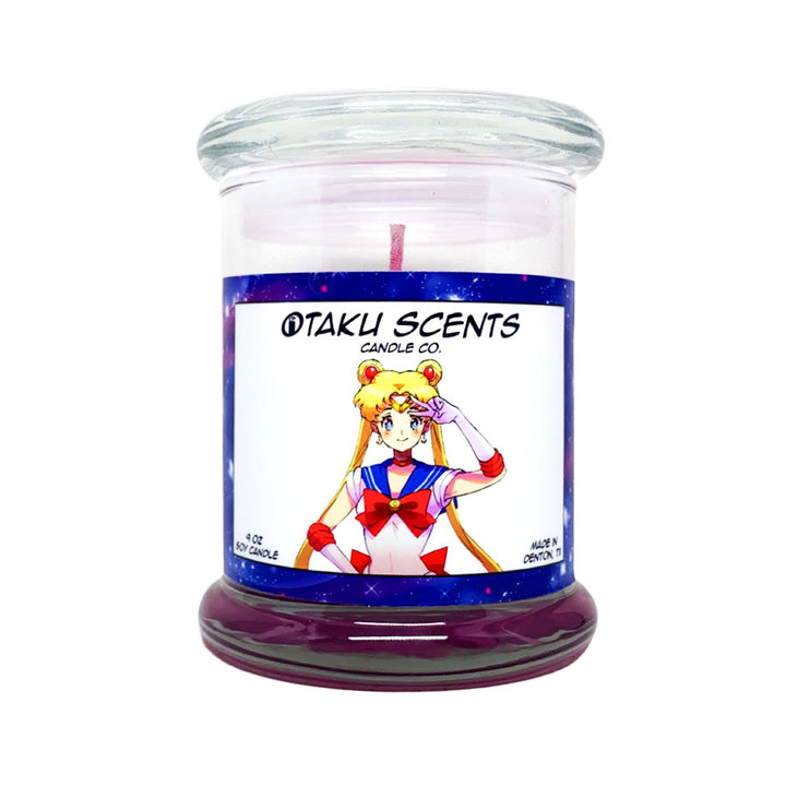 Otaku Scents branded jar candle with lid, with Sailor Moon on the label